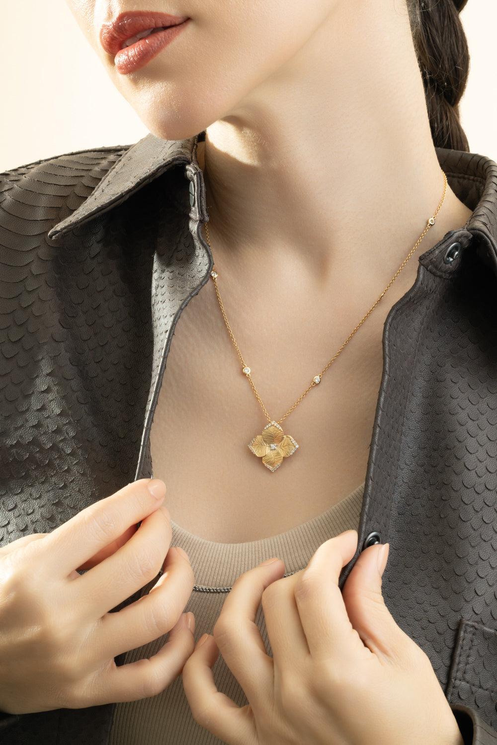 Diamond Satin Flower Necklace-YELLOW GOLD-JEWELRYFINE JEWELNECKLACE O-PIRANESI