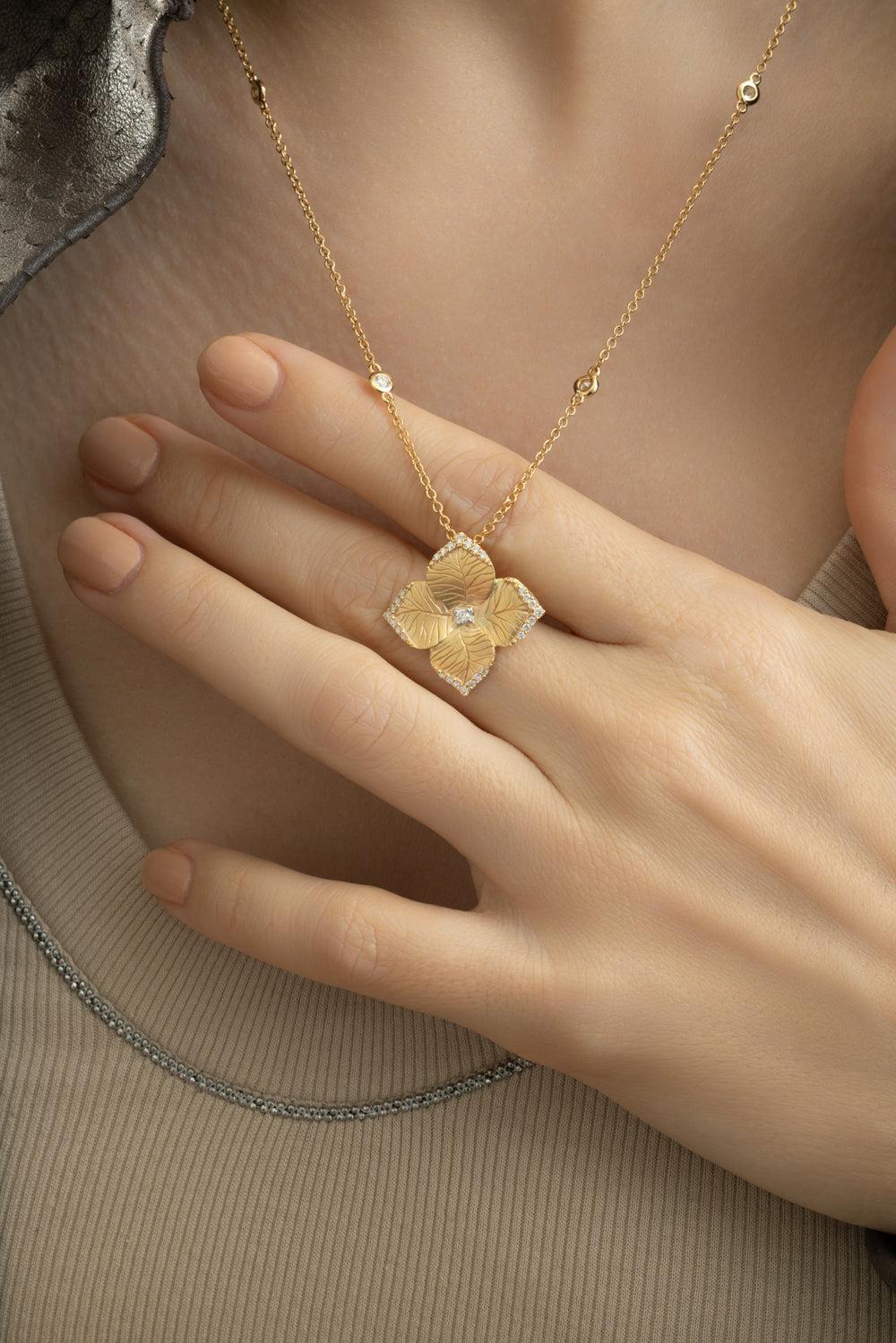 Diamond Satin Flower Necklace-YELLOW GOLD-JEWELRYFINE JEWELNECKLACE O-PIRANESI