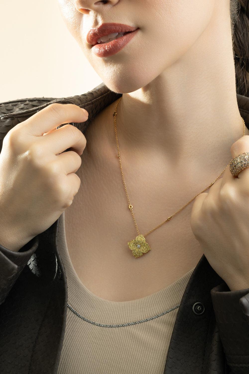 Yellow Sapphire Diamond Large Flower Necklace-YELLOW GOLD-JEWELRYFINE JEWELNECKLACE O-PIRANESI