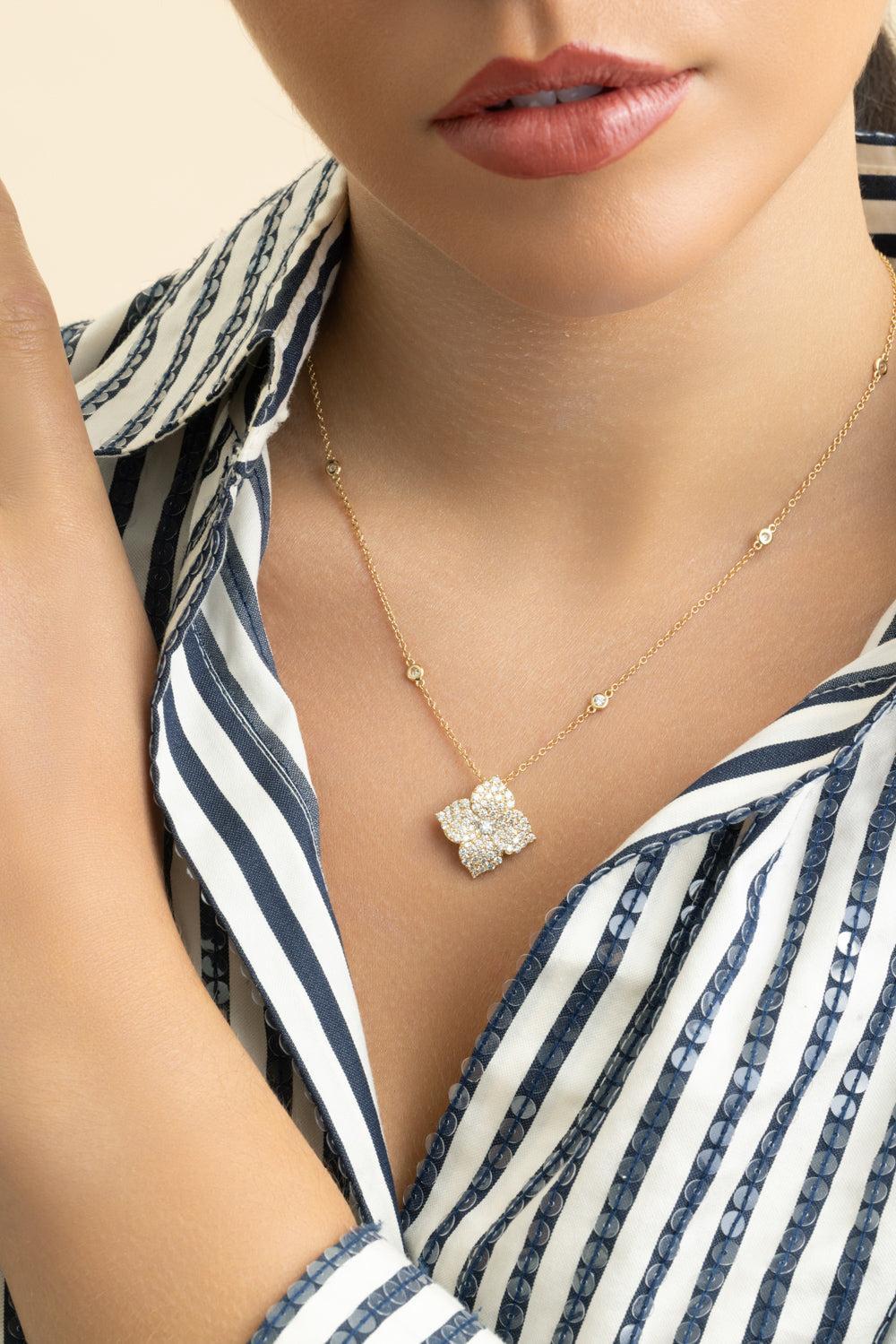 Diamond Large Flower Pendant Necklace-YELLOW GOLD-JEWELRYFINE JEWELNECKLACE O-PIRANESI