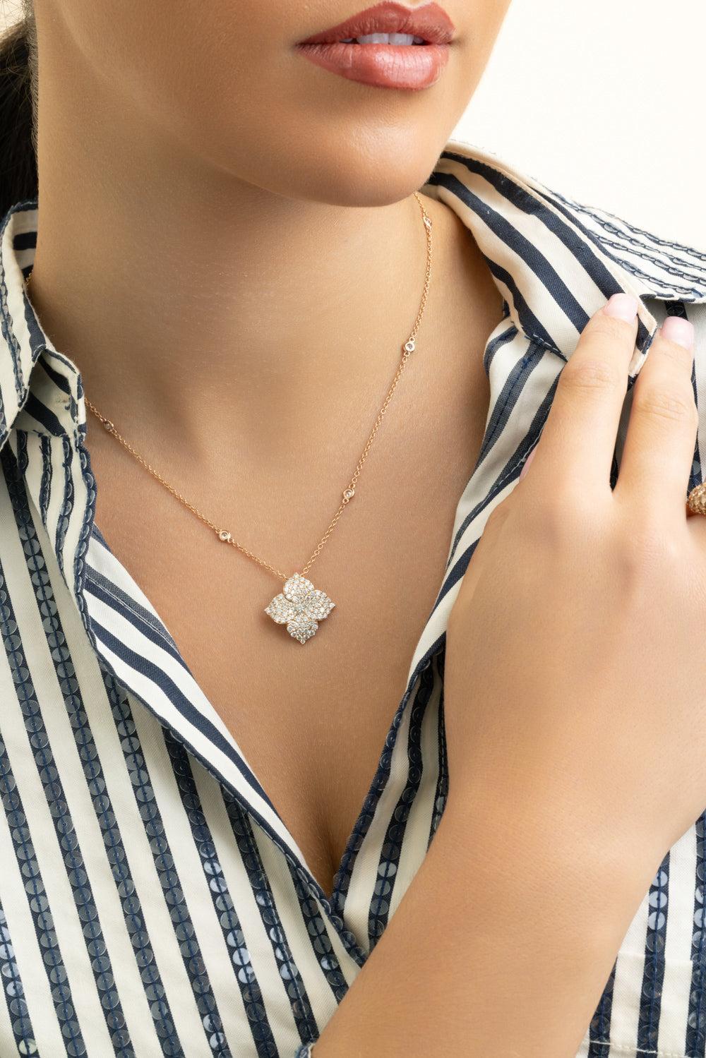 Diamond Large Flower Pendant Necklace-ROSE GOLD-JEWELRYFINE JEWELNECKLACE O-PIRANESI