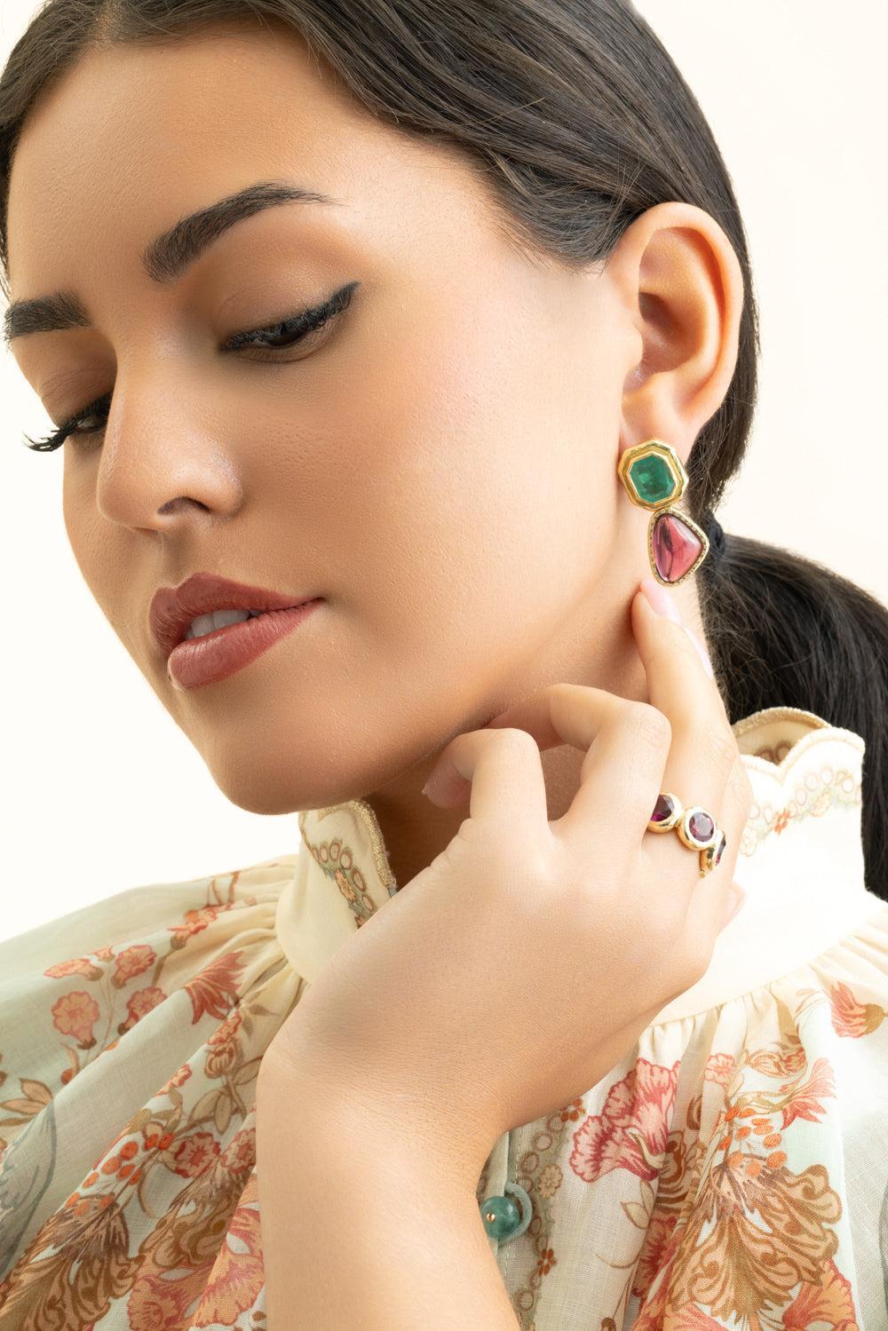 Emerald Rubellite Double Orbit Kite Earrings-YELLOW GOLD-JEWELRYFINE JEWELEARRING-OCTAVIA ELIZABETH