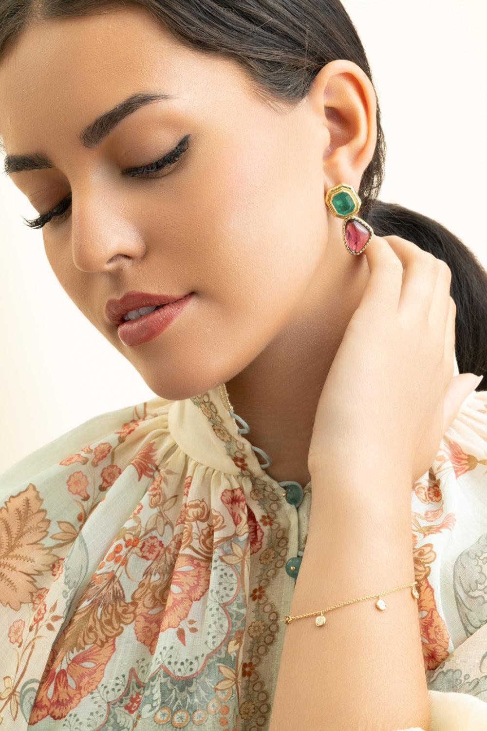 Emerald Rubellite Double Orbit Kite Earrings-YELLOW GOLD-JEWELRYFINE JEWELEARRING-OCTAVIA ELIZABETH