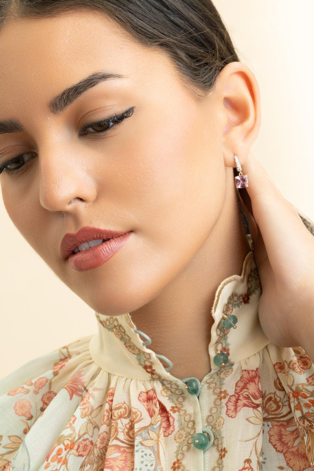 Morganite Diamond Cobblestone Micro Hoop Earrings-YELLOW GOLD-JEWELRYFINE JEWELEARRING-OCTAVIA ELIZABETH