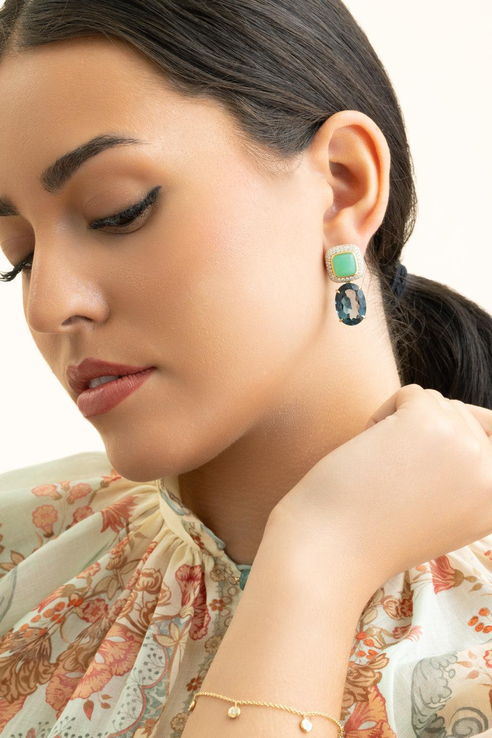 Topaz Chrysoprase Cobblestone Gemmed Earrings-YELLOW GOLD-JEWELRYFINE JEWELEARRING-OCTAVIA ELIZABETH