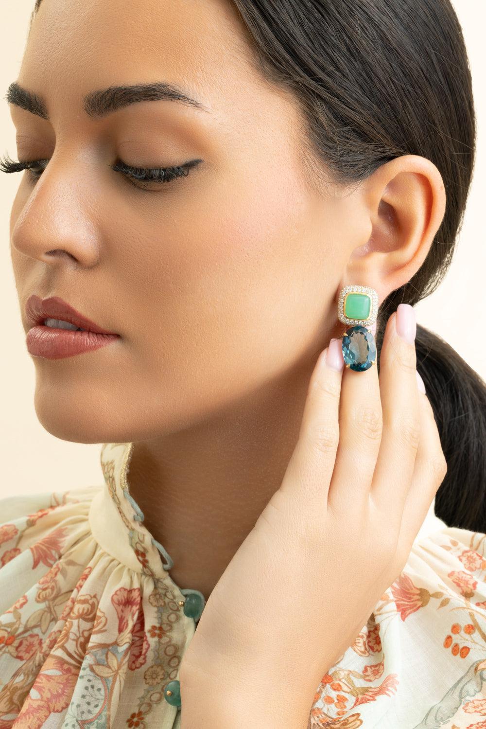 Topaz Chrysoprase Cobblestone Gemmed Earrings-YELLOW GOLD-JEWELRYFINE JEWELEARRING-OCTAVIA ELIZABETH