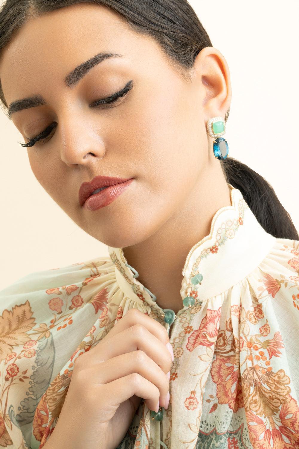 Topaz Chrysoprase Cobblestone Gemmed Earrings-YELLOW GOLD-JEWELRYFINE JEWELEARRING-OCTAVIA ELIZABETH