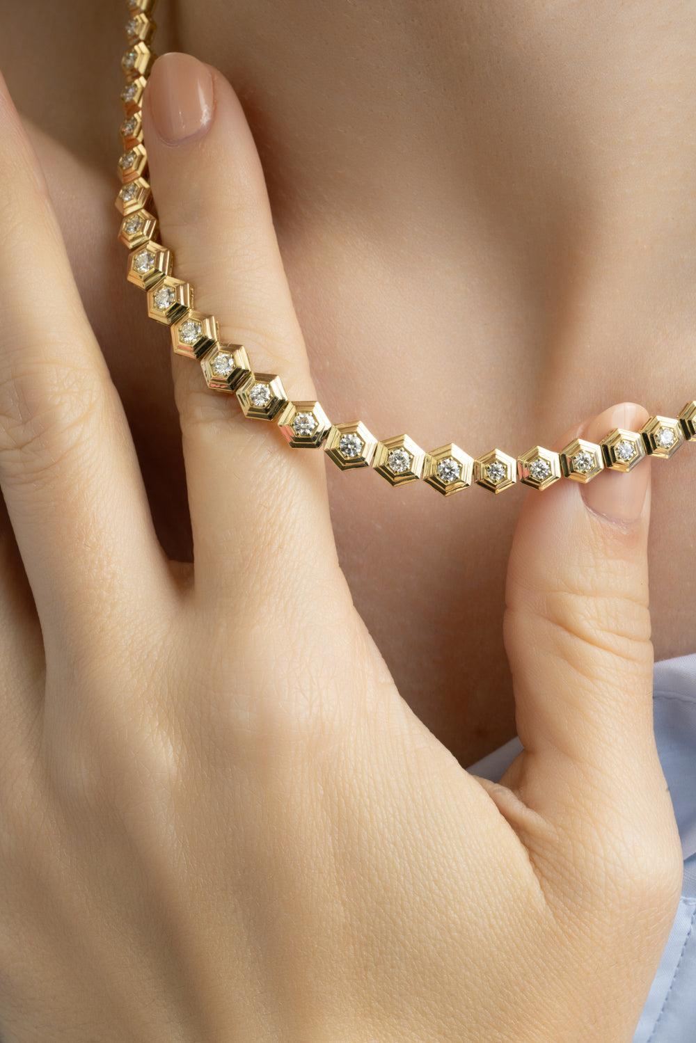 Diamond Partial Honey Comb Choker Necklace-YELLOW GOLD-JEWELRYFINE JEWELNECKLACE O-SARA WEINSTOCK