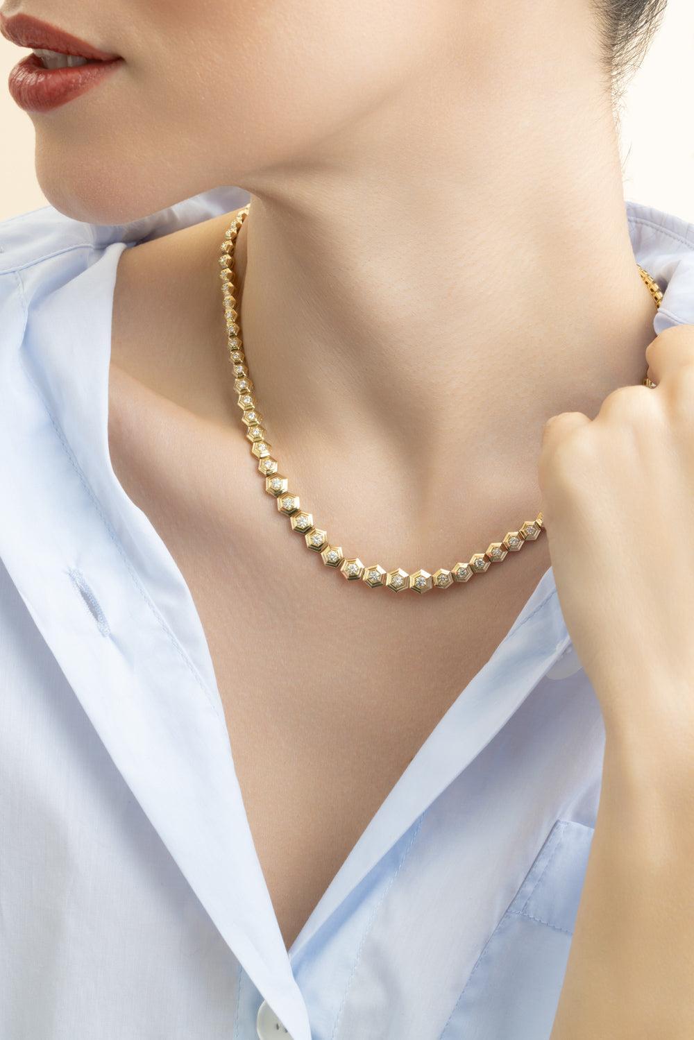 Diamond Partial Honey Comb Choker Necklace-YELLOW GOLD-JEWELRYFINE JEWELNECKLACE O-SARA WEINSTOCK