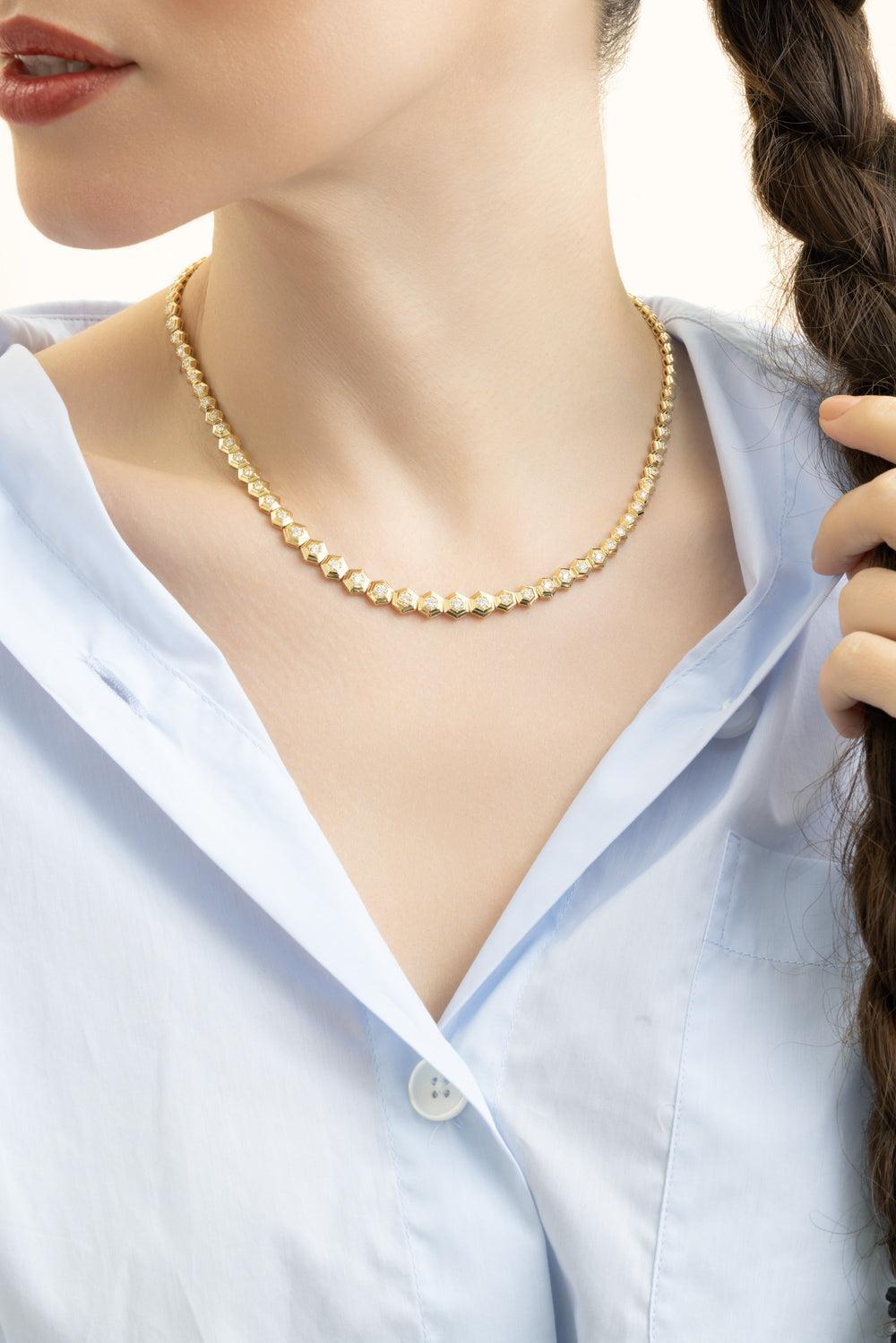 Diamond Partial Honey Comb Choker Necklace-YELLOW GOLD-JEWELRYFINE JEWELNECKLACE O-SARA WEINSTOCK