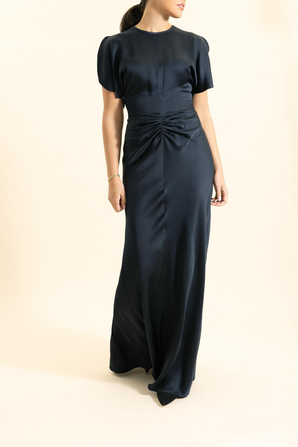 Gathered Waist Gown - Navy-BLUE-4-CLOTHINGDRESSCOCKTAIL-VICTORIA BECKHAM