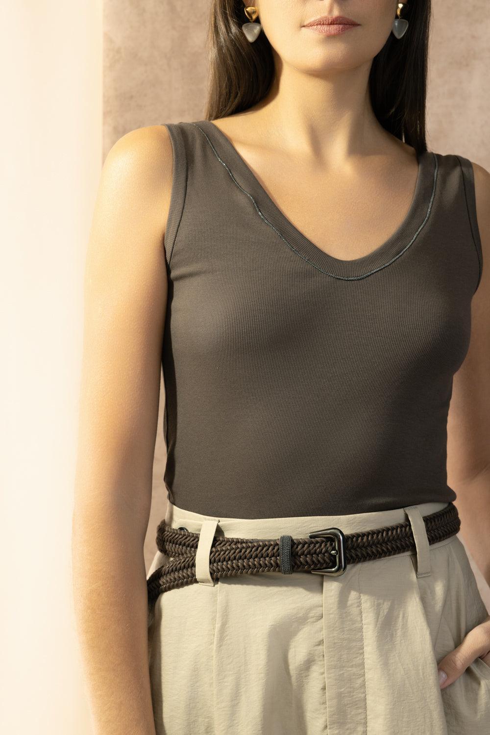 Monili Trim Tank - Dark Brown-BROWN-XS-CLOTHINGTOPTANK-BRUNELLO CUCINELLI