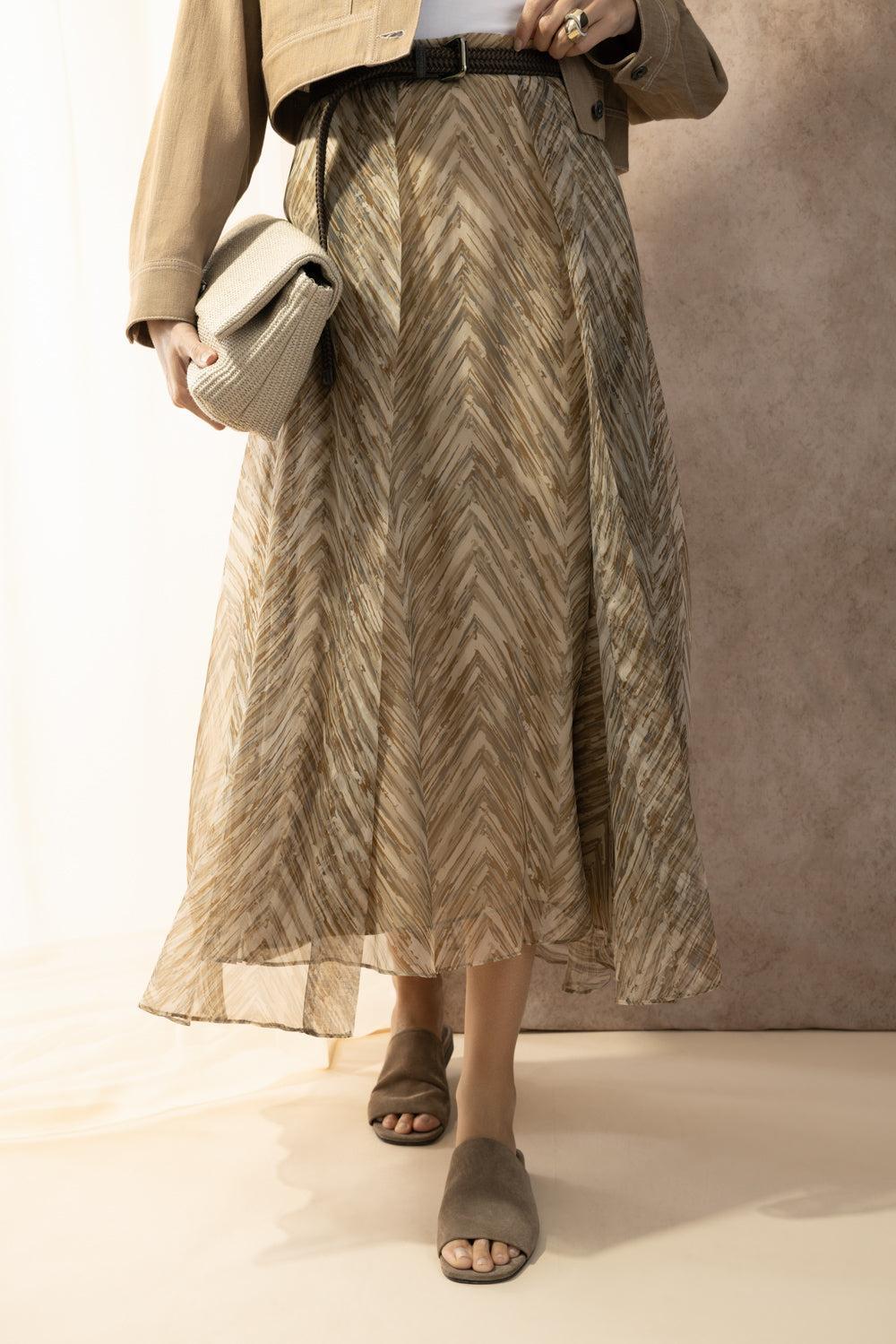 Chevron Panel Circle Skirt-BROWN-38-CLOTHINGSKIRTMIDI-BRUNELLO CUCINELLI