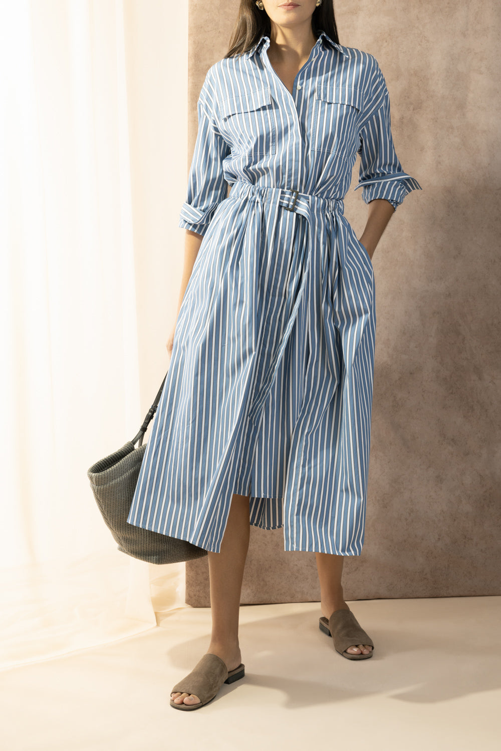 Wide Stripe Skirt Overlay Shirt Dress