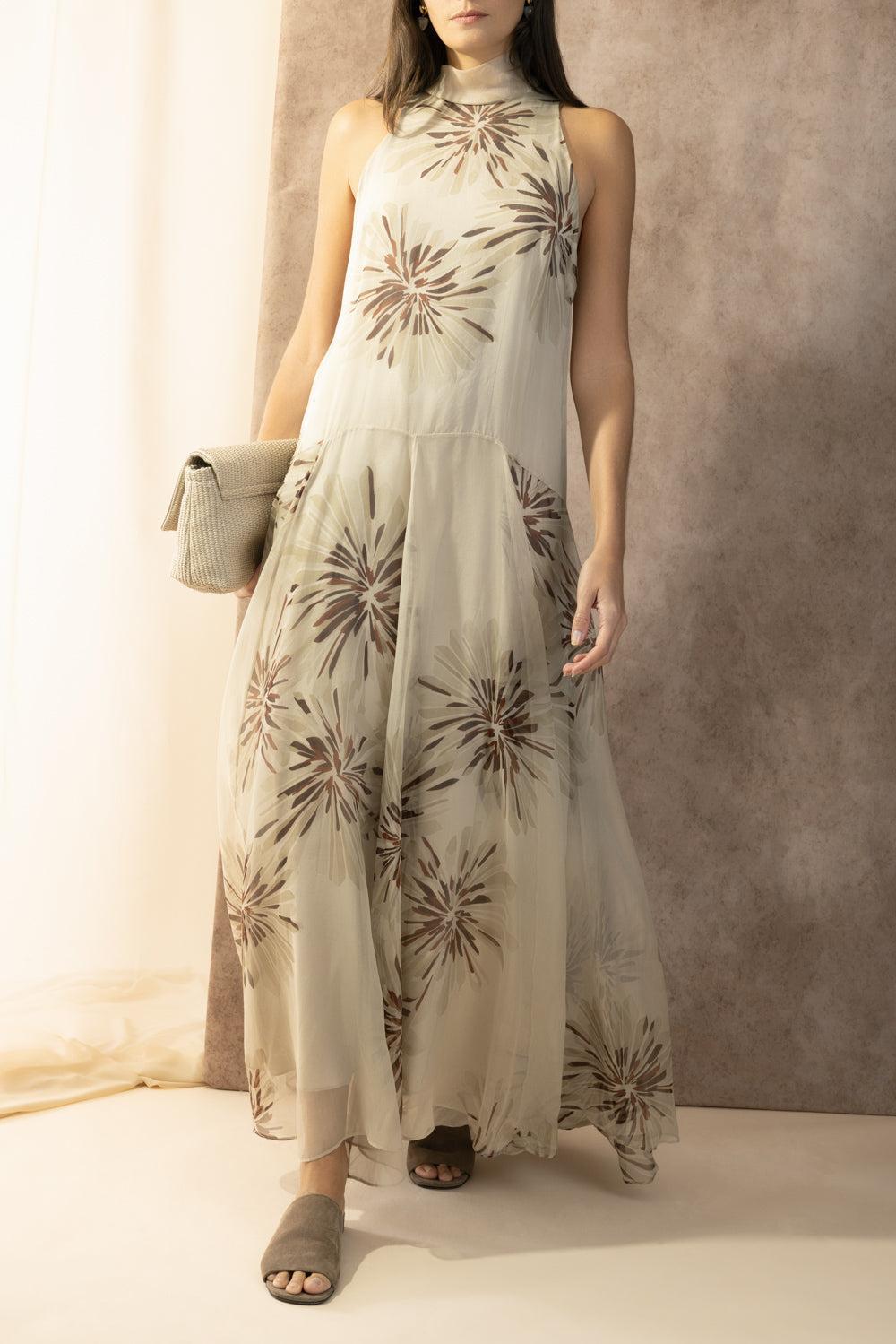 Bloom Print Maxi Dress-BROWN-S-CLOTHINGDRESSCOCKTAIL-BRUNELLO CUCINELLI