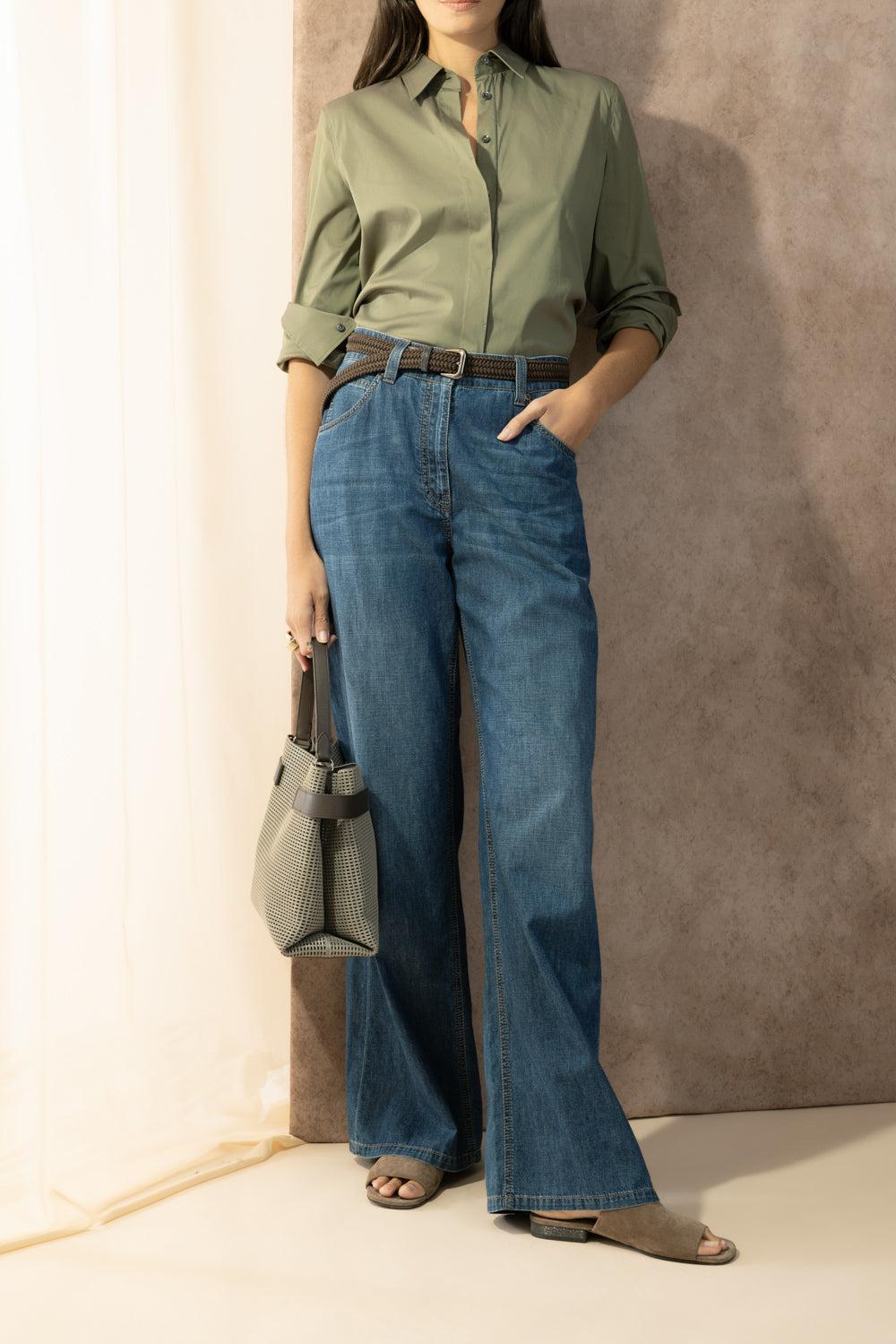 Shiny Trim Stretch Shirt - Eucalyptus-GREEN-XS-CLOTHINGTOPBLOUSE-BRUNELLO CUCINELLI