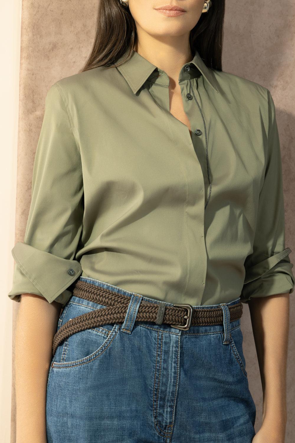 Shiny Trim Stretch Shirt - Eucalyptus-GREEN-XS-CLOTHINGTOPBLOUSE-BRUNELLO CUCINELLI