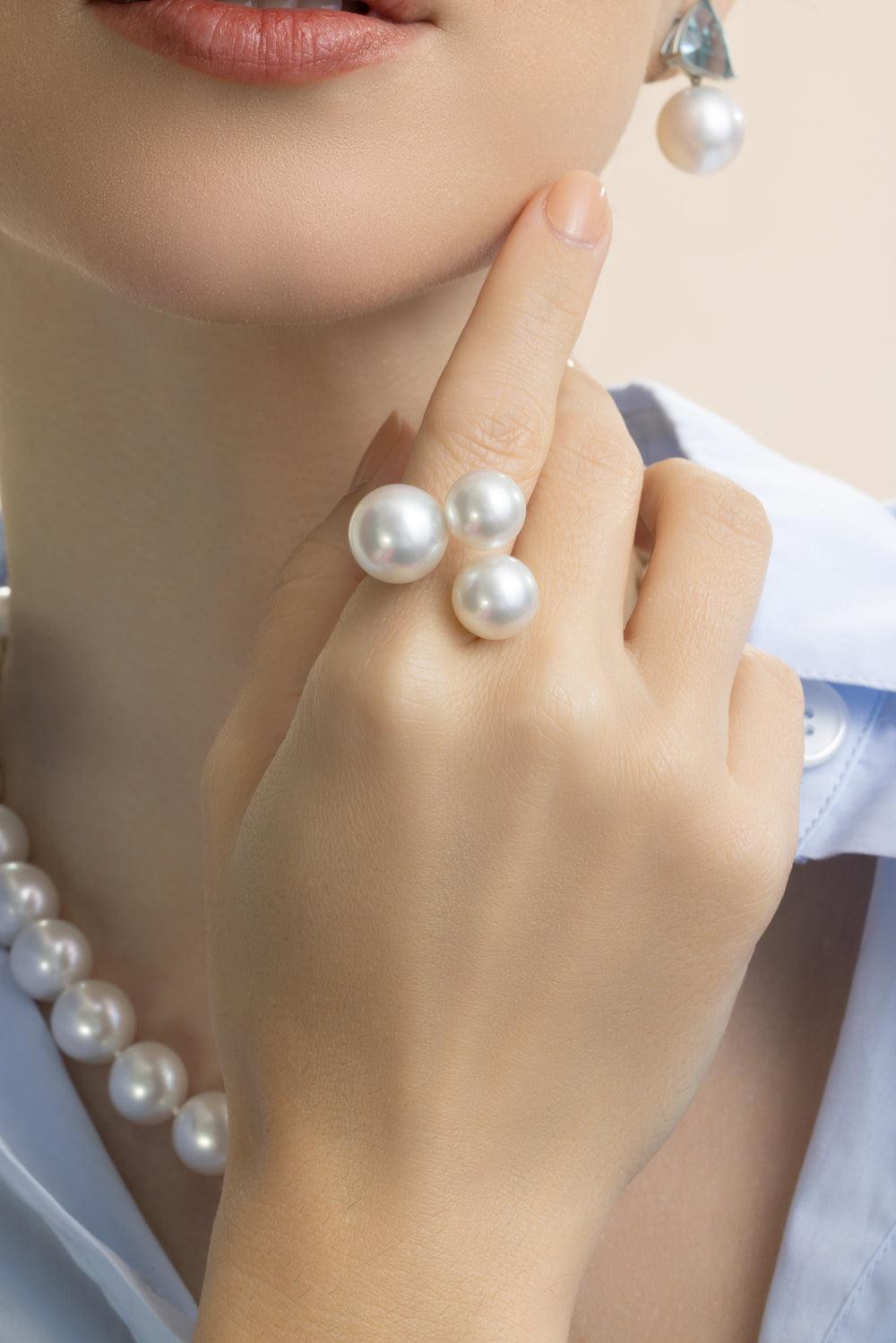 South Sea Pearl Three Bubble Ring-WHITE GOLD-6-JEWELRYFINE JEWELRING-ASSAEL