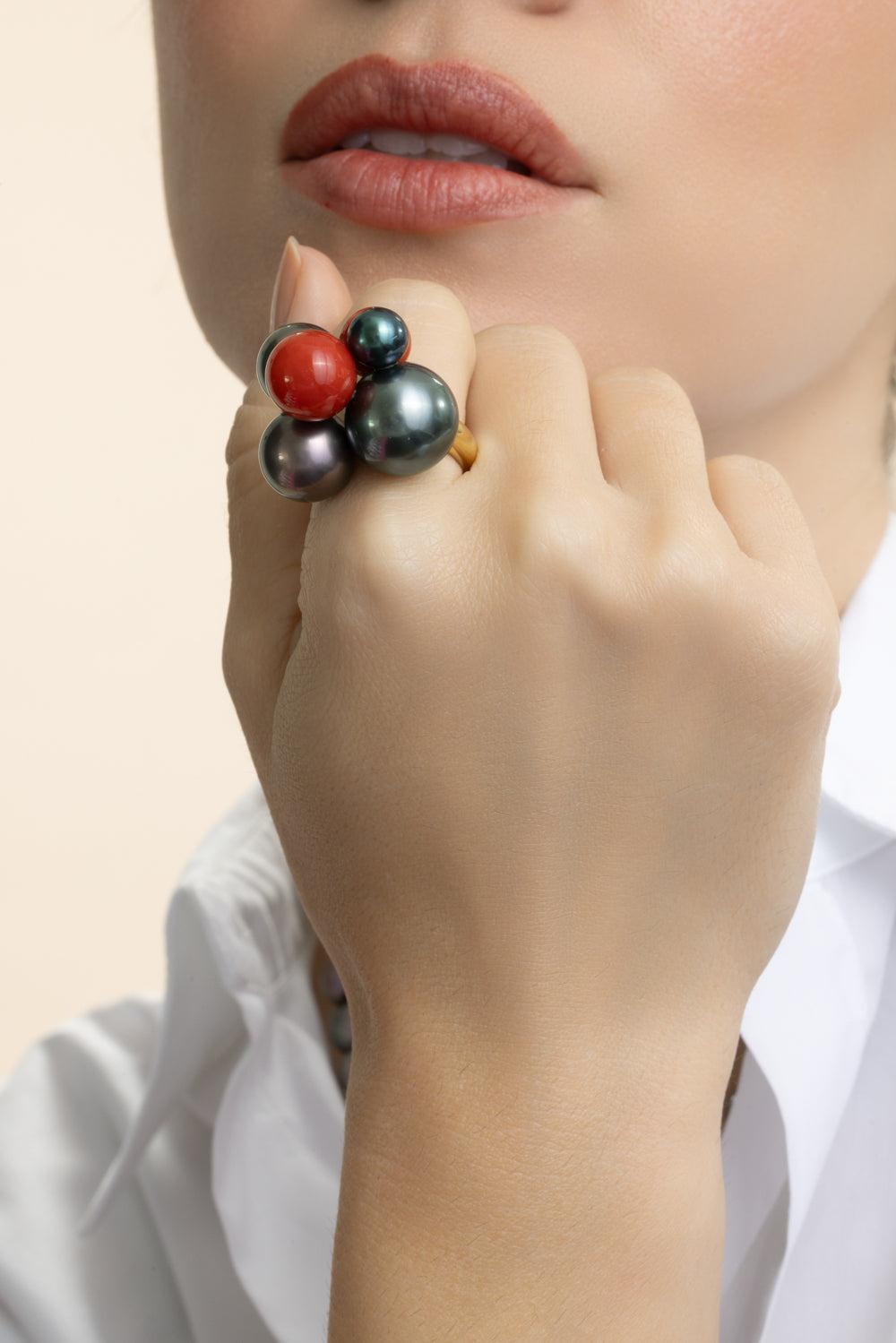 Coral Bead Multi Bubble Large Ring-YELLOW GOLD-6-JEWELRYFINE JEWELRING-ASSAEL