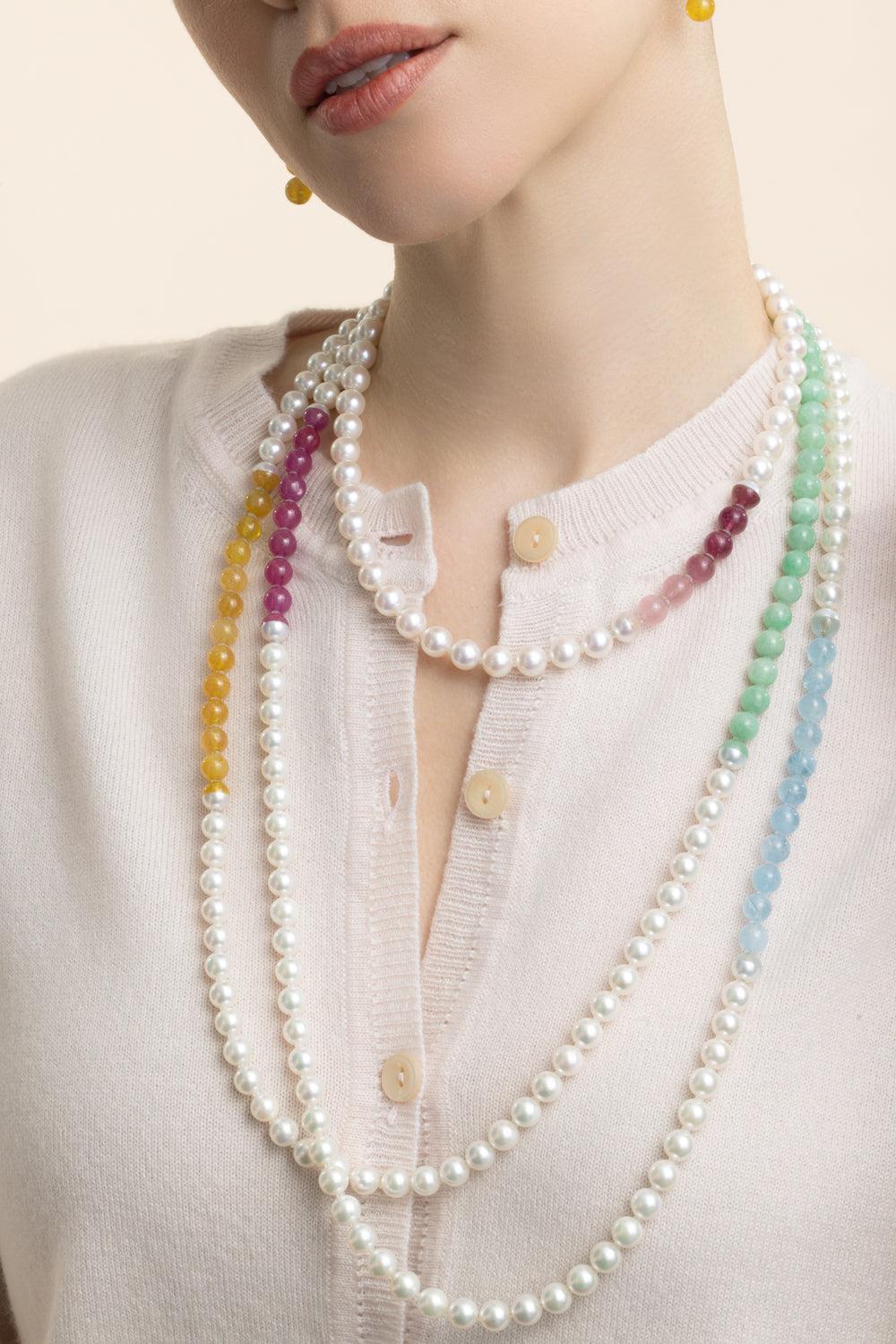 Yellow Sapphire Jade Pearl Sectional Pearl Necklace-YELLOW GOLD-JEWELRYFINE JEWELNECKLACE O-YUTAI