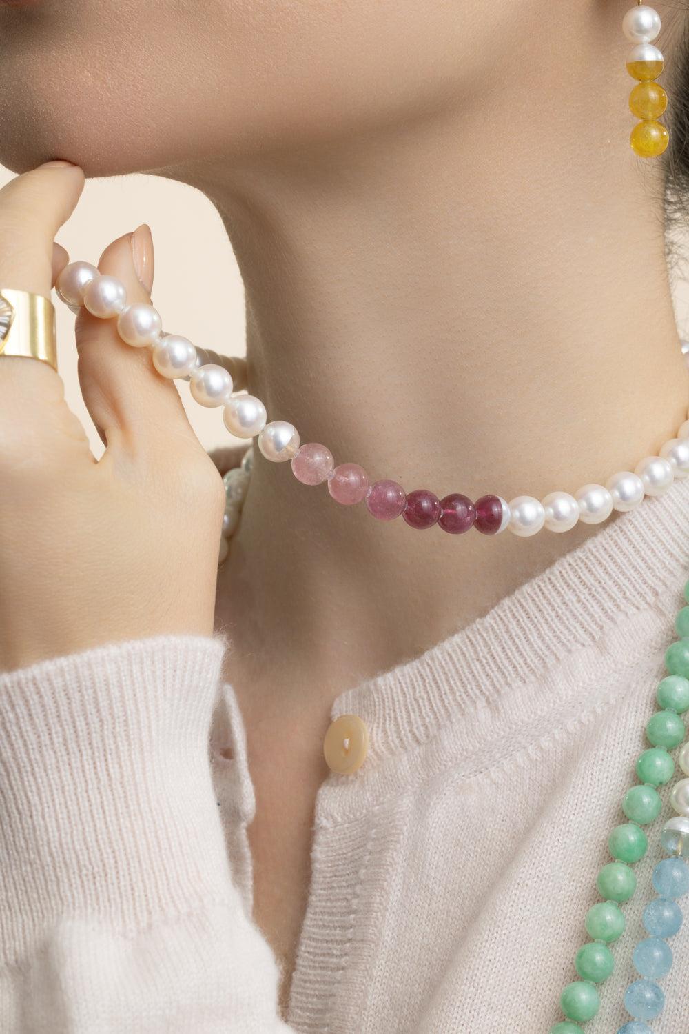 Yellow Sapphire Jade Pearl Sectional Pearl Necklace-YELLOW GOLD-JEWELRYFINE JEWELNECKLACE O-YUTAI