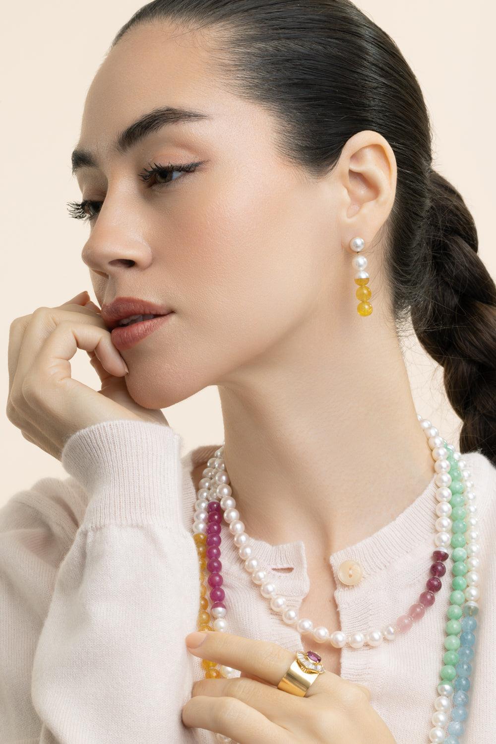 Yellow Sapphire Pearl Sectional Earrings-YELLOW GOLD-JEWELRYFINE JEWELEARRING-YUTIA