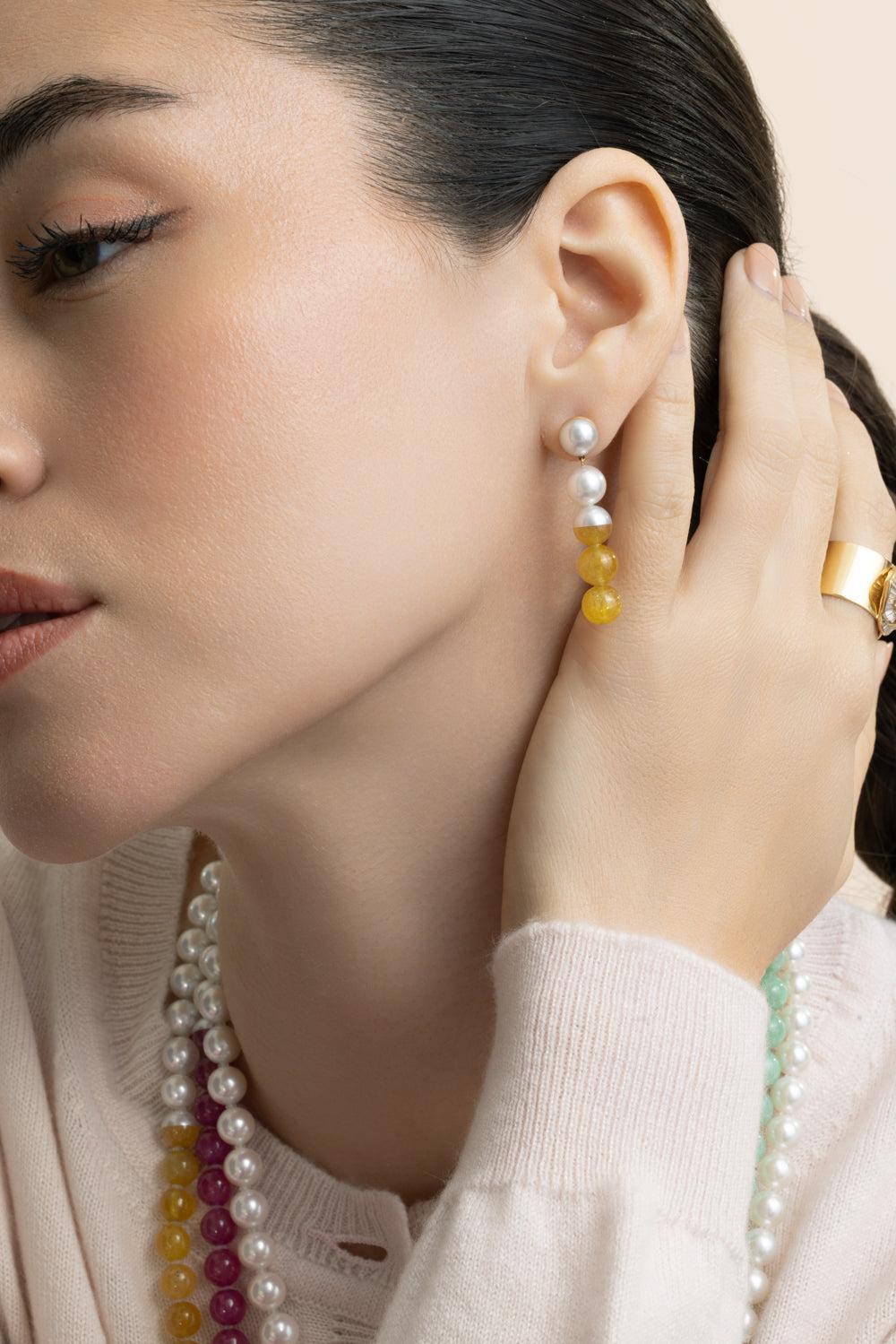 Yellow Sapphire Pearl Sectional Earrings-YELLOW GOLD-JEWELRYFINE JEWELEARRING-YUTIA