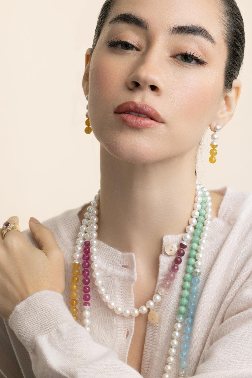 Yellow Sapphire Pearl Sectional Earrings-YELLOW GOLD-JEWELRYFINE JEWELEARRING-YUTIA