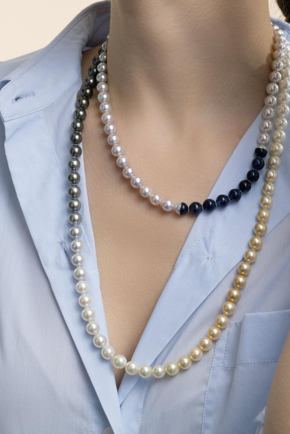 Blue Sapphire Pearl Sectional Necklace-PLATINUM-JEWELRYFINE JEWELNECKLACE O-YUTIA