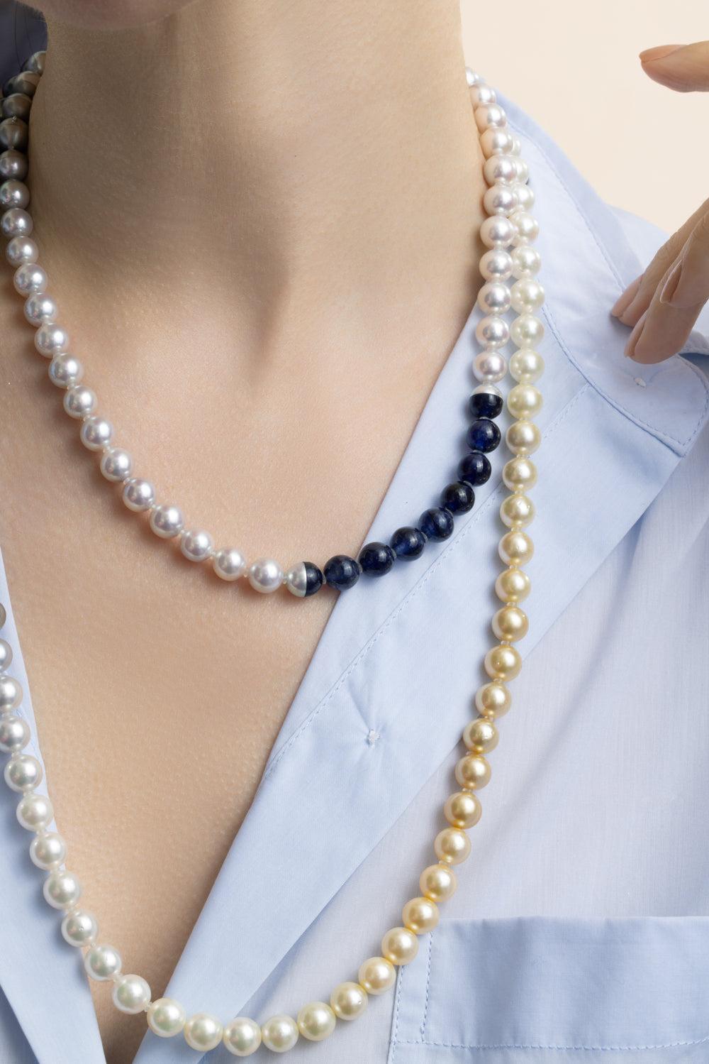 Blue Sapphire Pearl Sectional Necklace-PLATINUM-JEWELRYFINE JEWELNECKLACE O-YUTIA
