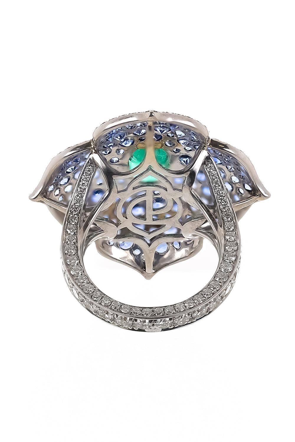 Emerald Sapphire Diamond XL Flower Ring-WHITE GOLD-6-JEWELRYFINE JEWELRING-PIRANESI
