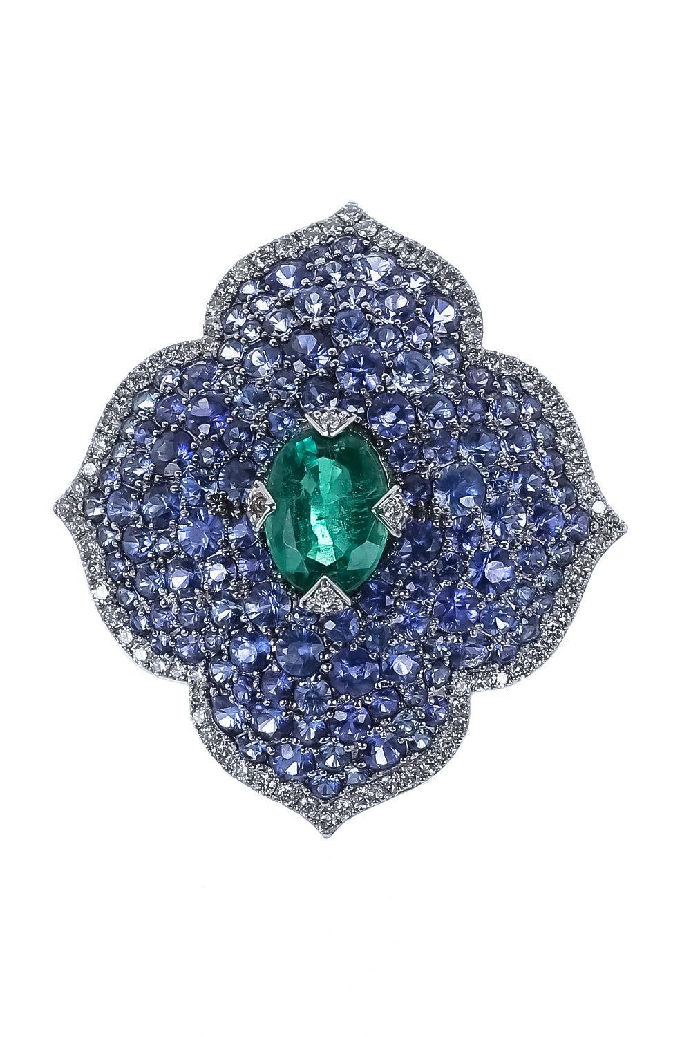 Emerald Sapphire Diamond XL Flower Ring-WHITE GOLD-6-JEWELRYFINE JEWELRING-PIRANESI
