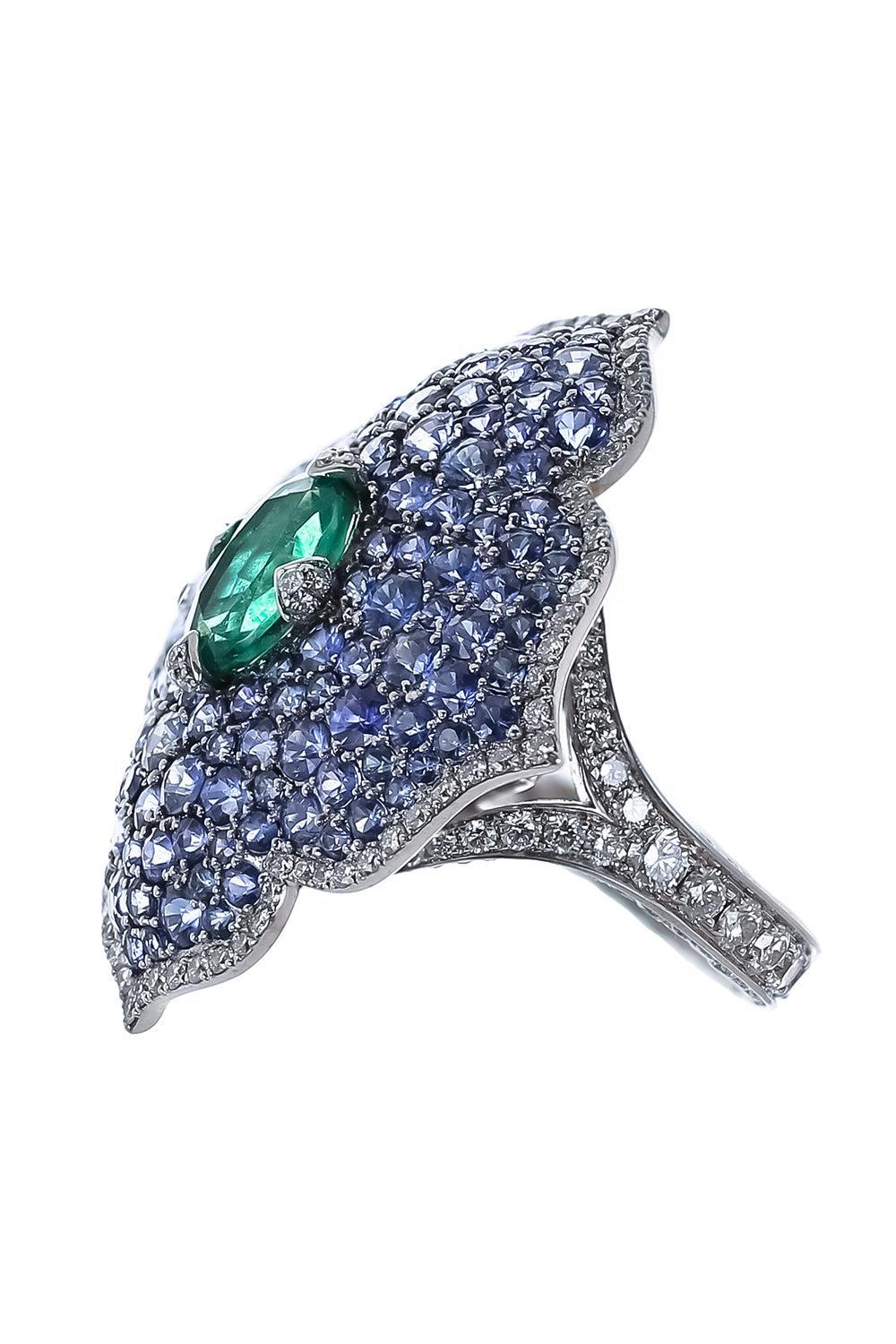Emerald Sapphire Diamond XL Flower Ring-WHITE GOLD-6-JEWELRYFINE JEWELRING-PIRANESI
