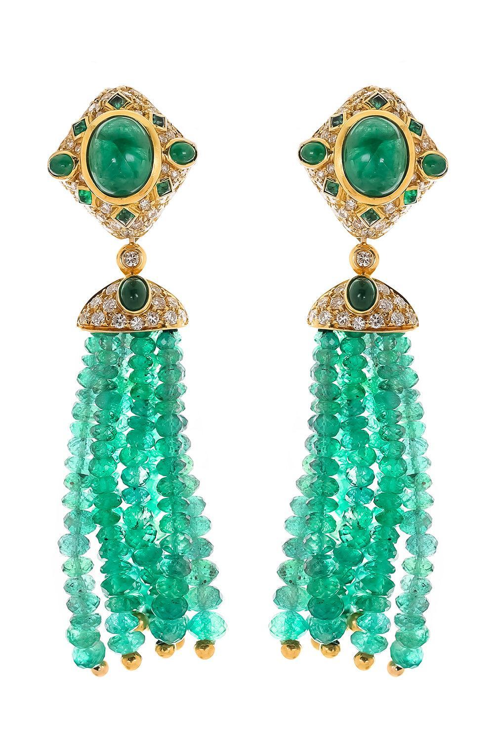 Diamond Emerald Beaded Drop Earrings-YELLOW GOLD-JEWELRYFINE JEWELEARRING-PIRANESI