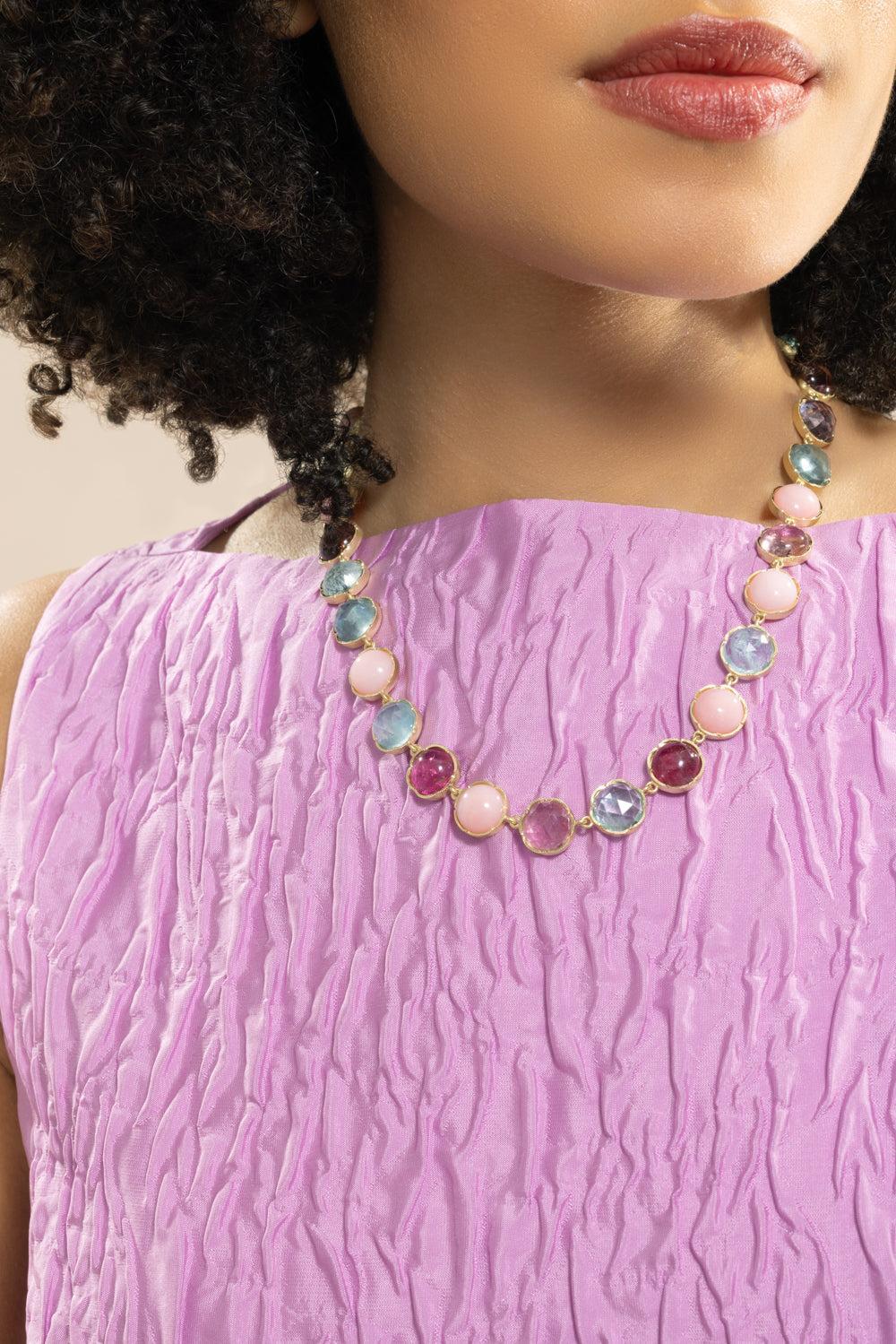 Pink Tourmaline Aquamarine Medium Classic Link Necklace-YELLOW GOLD-18-JEWELRYFINE JEWELNECKLACE O-IRENE NEUWIRTH JEWELRY