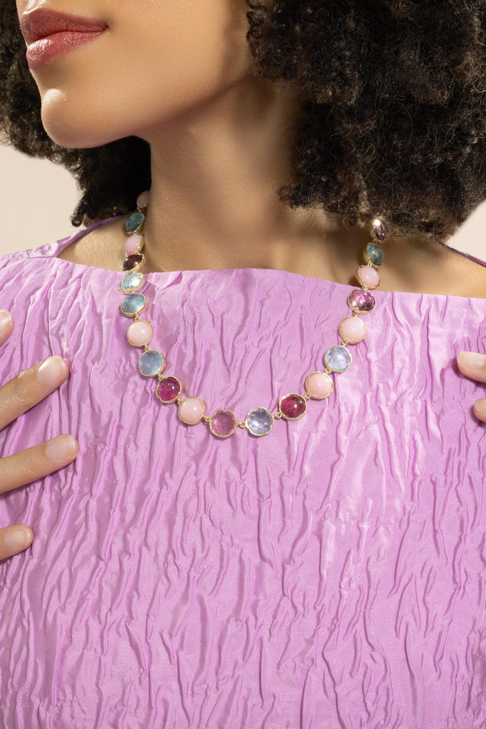 Pink Tourmaline Aquamarine Medium Classic Link Necklace-YELLOW GOLD-18-JEWELRYFINE JEWELNECKLACE O-IRENE NEUWIRTH JEWELRY