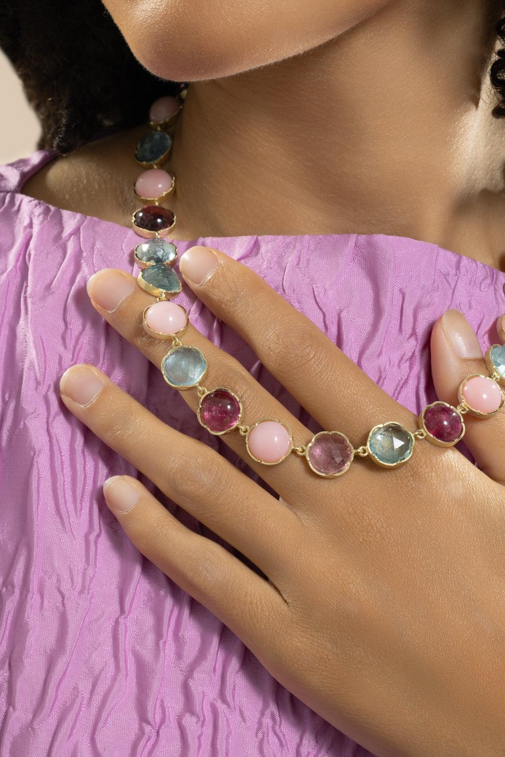Pink Tourmaline Aquamarine Medium Classic Link Necklace-YELLOW GOLD-18-JEWELRYFINE JEWELNECKLACE O-IRENE NEUWIRTH JEWELRY