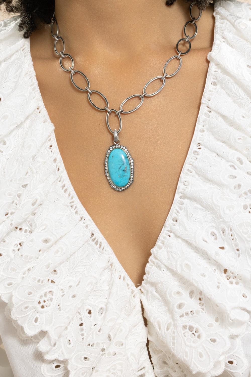 Diamond Turquoise Oval Pendant-WHITE GOLD-JEWELRYFINE JEWELPENDANT-SYLVA & CIE