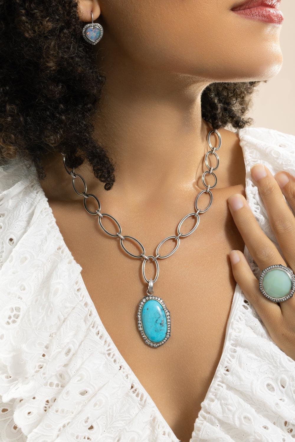 Diamond Turquoise Oval Pendant-WHITE GOLD-JEWELRYFINE JEWELPENDANT-SYLVA & CIE