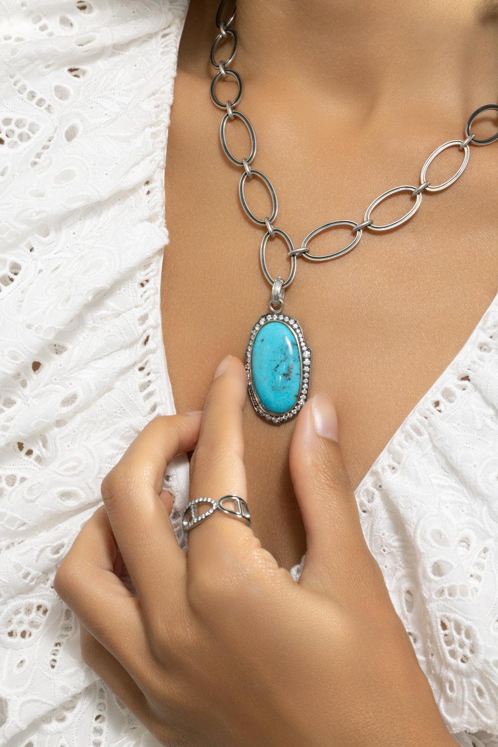 Diamond Turquoise Oval Pendant-WHITE GOLD-JEWELRYFINE JEWELPENDANT-SYLVA & CIE