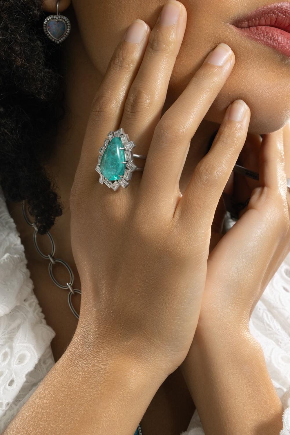 Pariaba Tourmaline Diamond Ring-PLATINUM-7.25-JEWELRYFINE JEWELRING-SYLVA & CIE