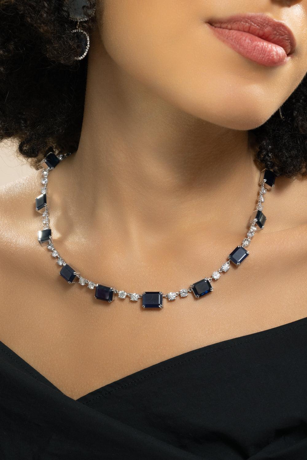 Diamond Sapphire Ethiopian Riviera Necklace-WHITE GOLD-18-JEWELRYFINE JEWELNECKLACE O-SYLVA & CIE