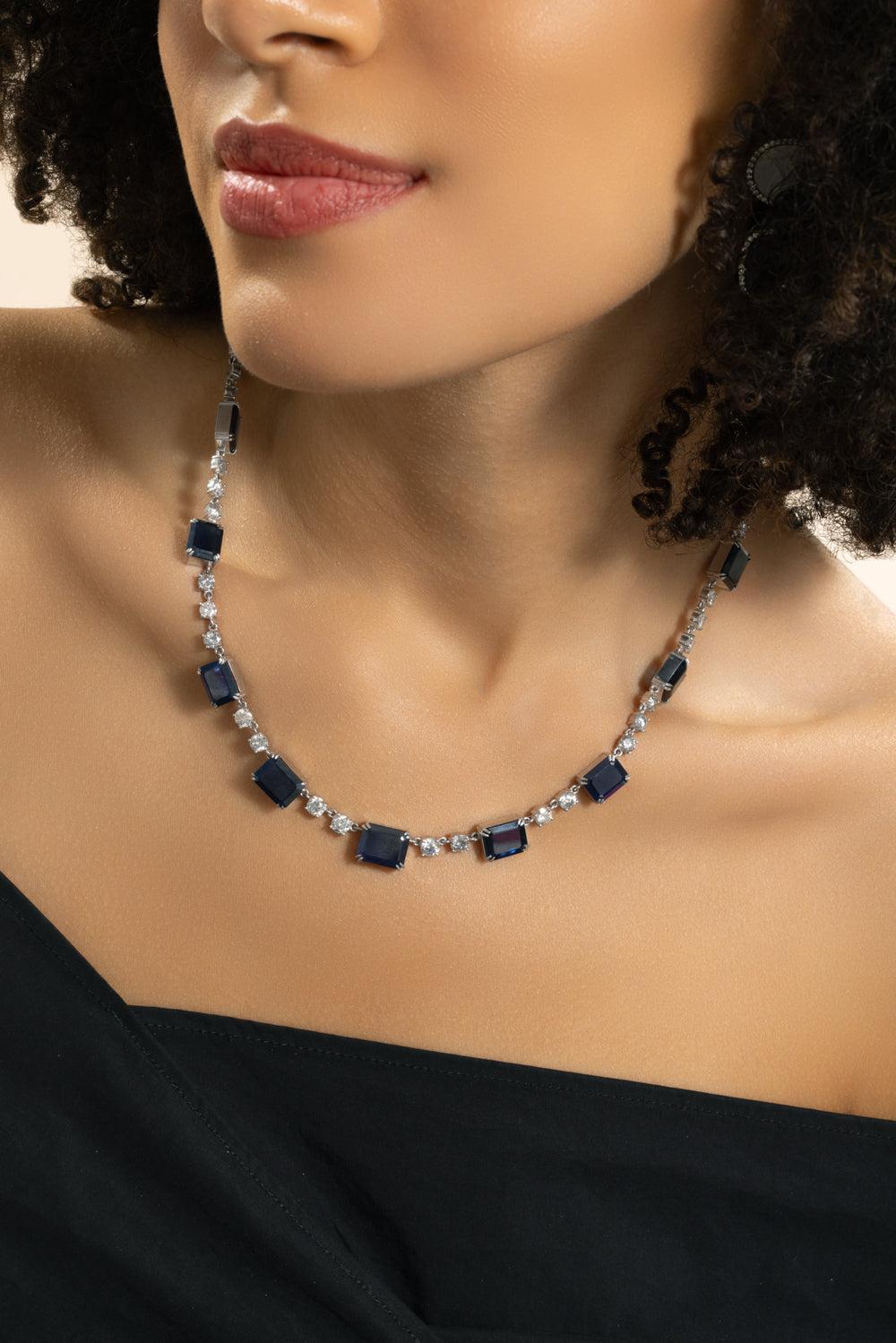 Diamond Sapphire Ethiopian Riviera Necklace-WHITE GOLD-18-JEWELRYFINE JEWELNECKLACE O-SYLVA & CIE