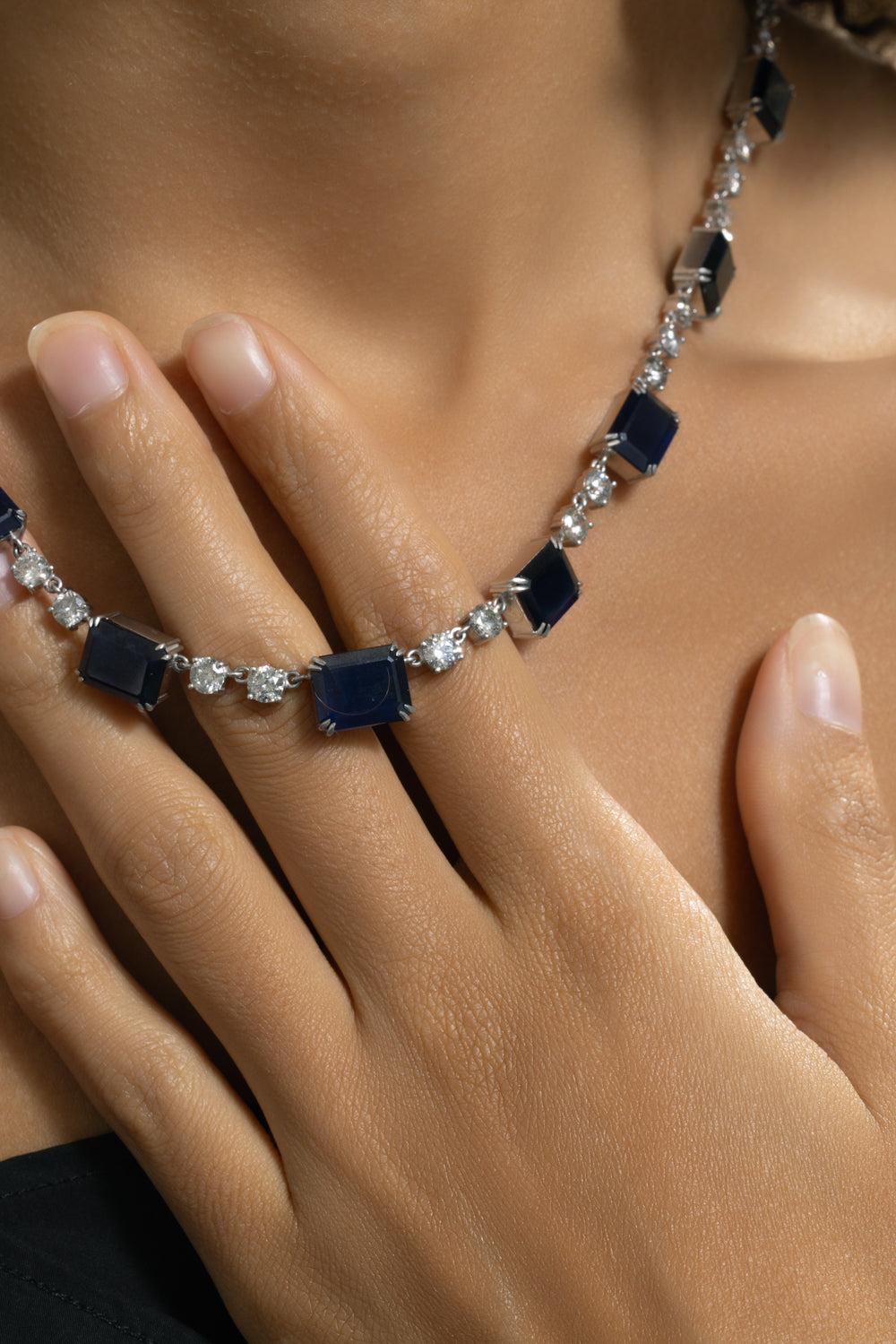 Diamond Sapphire Ethiopian Riviera Necklace-WHITE GOLD-18-JEWELRYFINE JEWELNECKLACE O-SYLVA & CIE