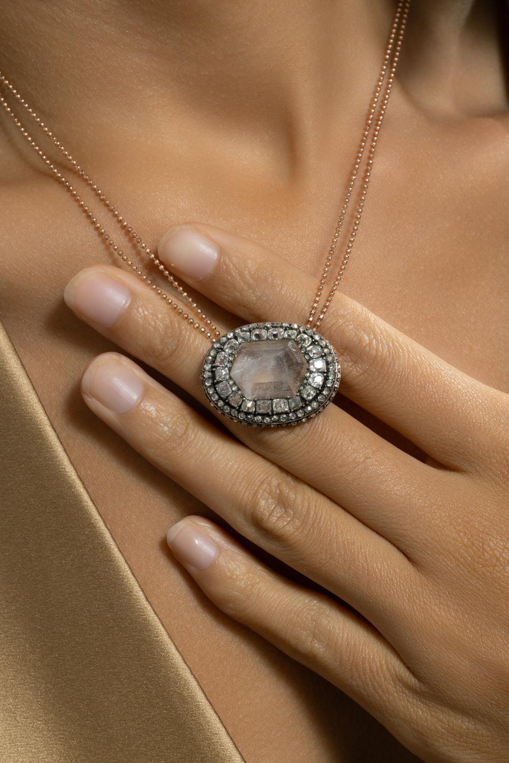 Diamond Quartz Pendant Necklace-ROSE GOLD-JEWELRYFINE JEWELNECKLACE O-SYLVA & CIE