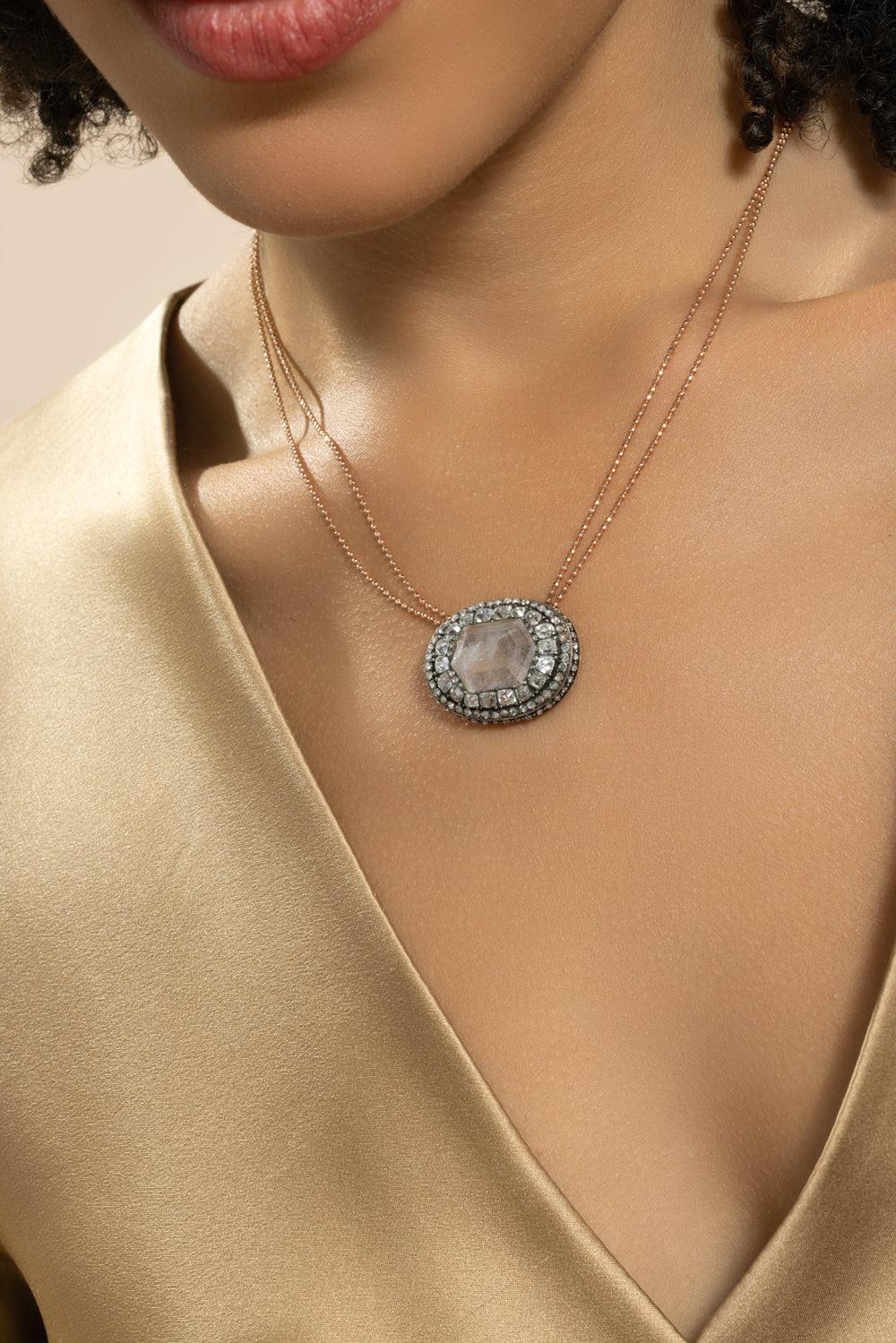 Diamond Quartz Pendant Necklace-ROSE GOLD-JEWELRYFINE JEWELNECKLACE O-SYLVA & CIE