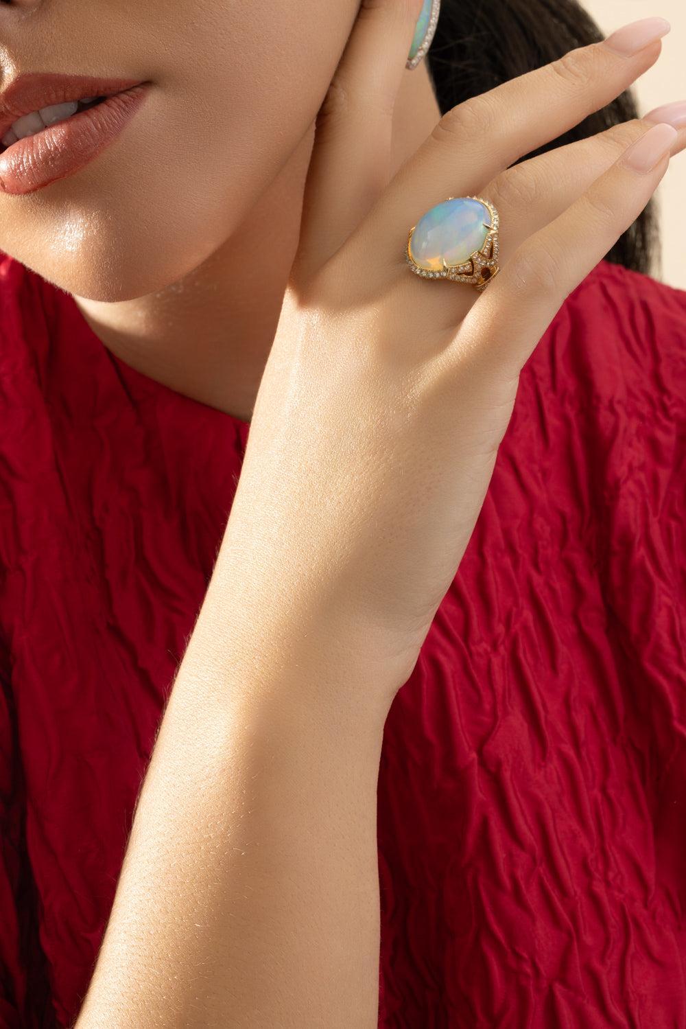 Diamond Opal Asian Deco Signature Ring-YELLOW GOLD-6.5-JEWELRYFINE JEWELRING-ARUNASHI