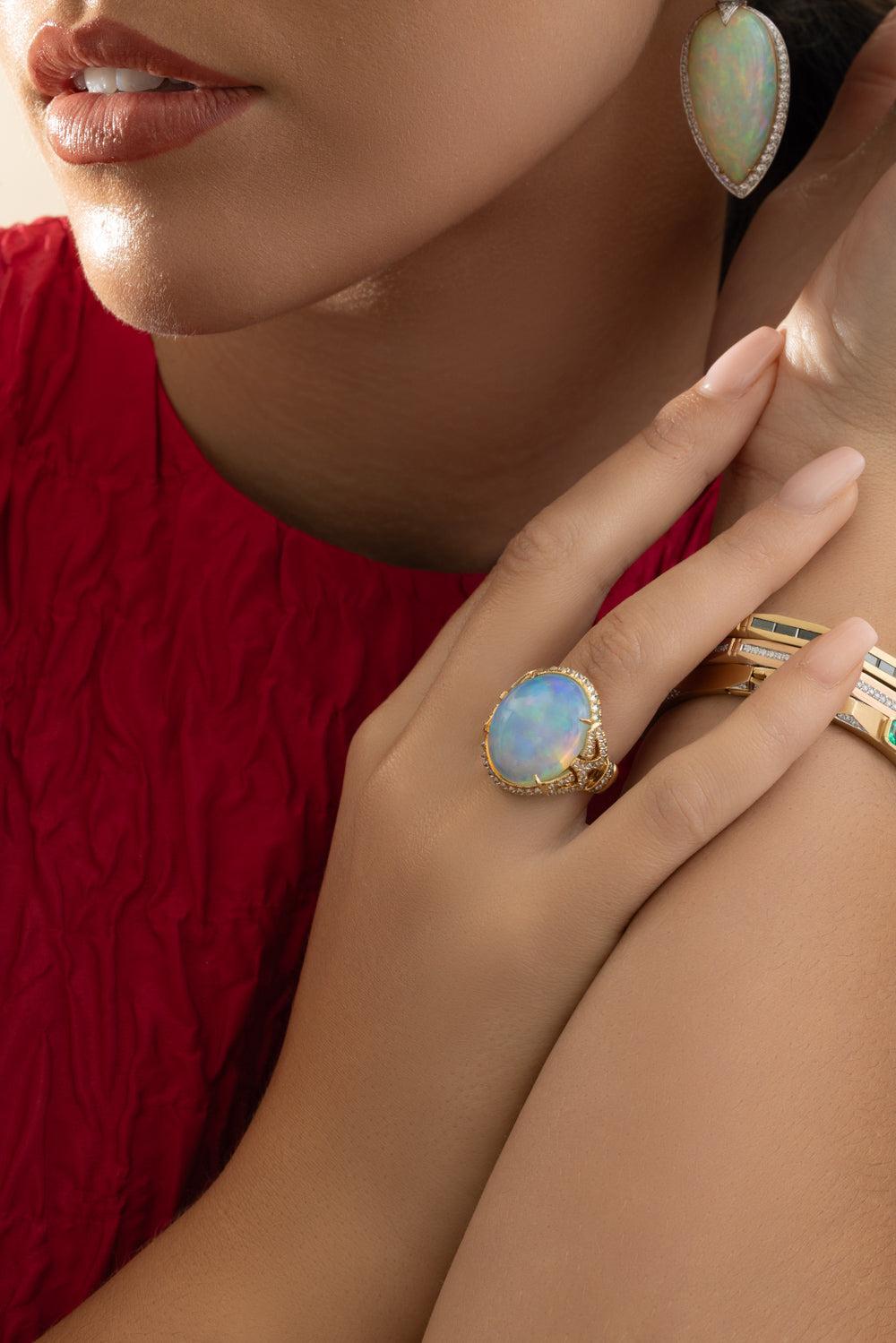 Diamond Opal Asian Deco Signature Ring-YELLOW GOLD-6.5-JEWELRYFINE JEWELRING-ARUNASHI