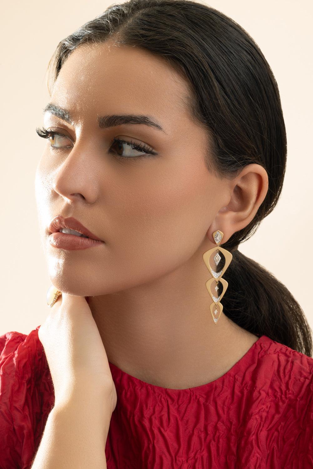 Diamond Wicker three Layer Earrings-YELLOW GOLD-JEWELRYFINE JEWELBRACELET O-ARUNASHI