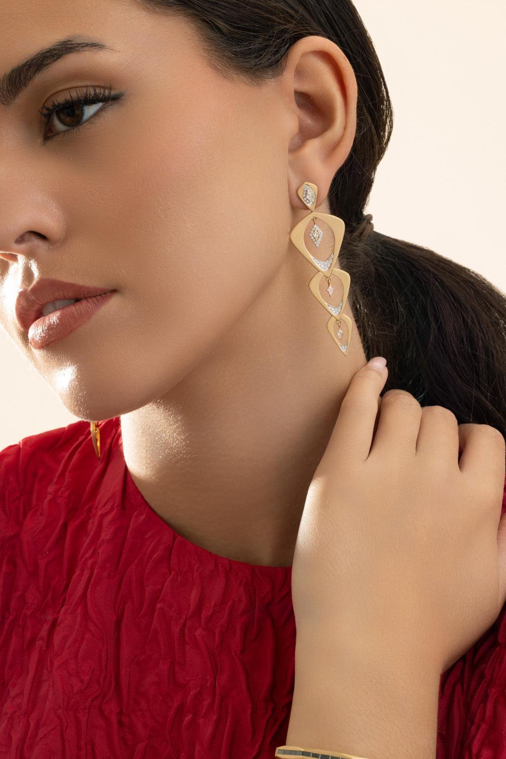 Diamond Wicker three Layer Earrings-YELLOW GOLD-JEWELRYFINE JEWELBRACELET O-ARUNASHI